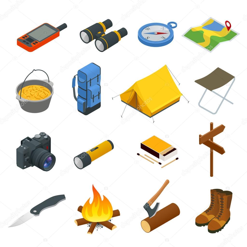 Hiking icons set. Camping equipment vector collection. Binoculars, bowl, barbecue, boat, lantern, shoes, hat, tent, campfire. Base camp gear and accessories. Camping icon set. Hike outdoor elements.