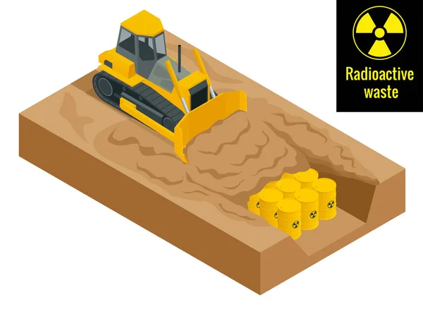 Traktorn gräver i trummor med radioaktivt avfall i gula fat. Radioaktiva fara koncept. Platt 3d vektor illustration. Miljöskydd. — Stock vektor