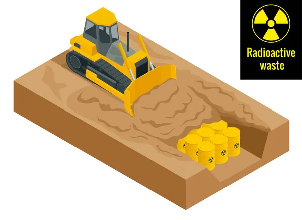 El tractor cava en tambores con residuos radiactivos en barriles amarillos. Concepto de peligro radiactivo. Ilustración plana vector 3d. Protección medioambiental . — Vector de stock