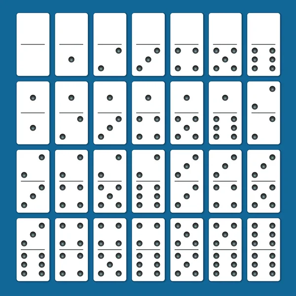 Voller Satz weißer Dominosteine mit Schatten auf blauem Hintergrund. kompletter Doppel-Sechser-Satz — Stockvektor