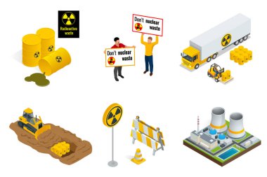 İzometrik kümesi radyoaktif atık öğeleri. İnsanlar protesto, varil, ulaşım, elektrik santrali veya reaktörler, traktör radyoaktif atık varilleri kazıyor. Düz 3d izometrik çizim vektör.