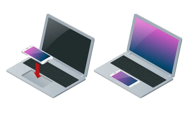 Laptop e telefone celular isolado em branco. Ilustração isométrica plana do vetor 3d —  Vetores de Stock