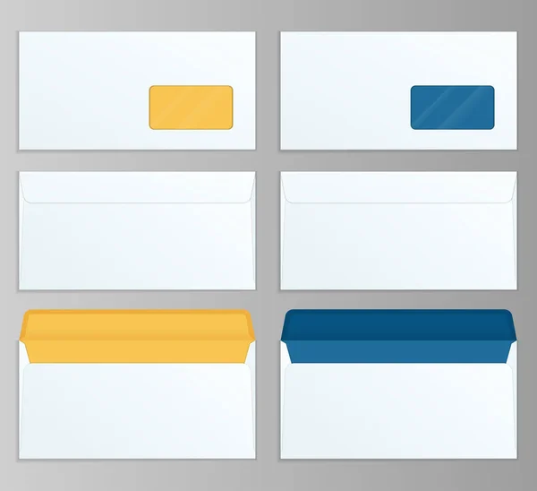 Набор макетов DL Envelopes спереди и сзади для офисных документов или сообщений. Белый пустой конверт с прозрачным окном. Полный и складной размер. Плоская векторная иллюстрация . — стоковый вектор