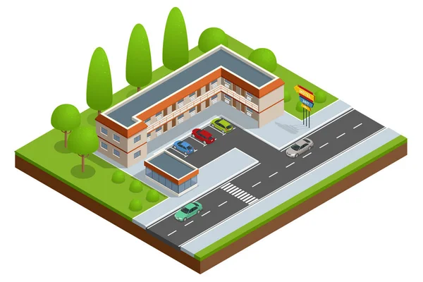 Motell eller hotell byggnad nära vägen med bilar, parkeringsplats och neon logga. Isometrisk ikon eller infographic vektorelement — Stock vektor