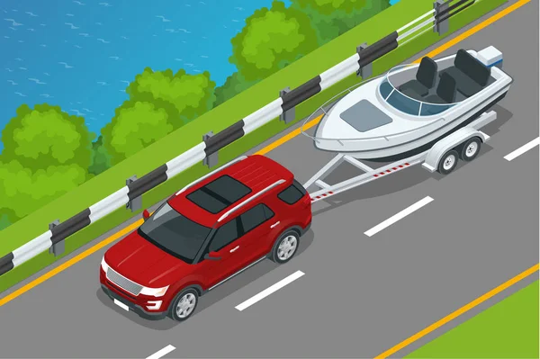 El SUV conduce un barco a motor a lo largo de la carretera a lo largo del mar. Vacaciones de verano en el mar y paseos en barco a motor. Icono isométrico vectorial o elemento infográfico — Archivo Imágenes Vectoriales