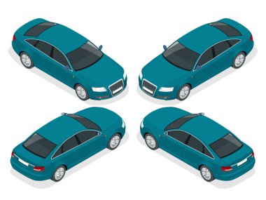 Düz 3d izometrik yüksek kaliteli şehir sedan araba simgeler kümesi. Kentsel toplu taşıma kümesi. İçin Infographics.