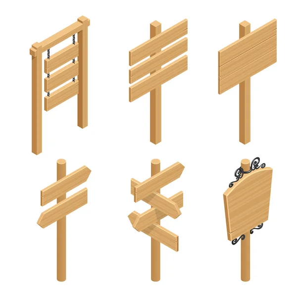 Set isometrico di cartelli in legno. Bandiera dei cartoni animati vuota. Arrow, Plank With Cracks. Elementi in legno. Illustrazione vettoriale piatta per spazio per testo . — Vettoriale Stock