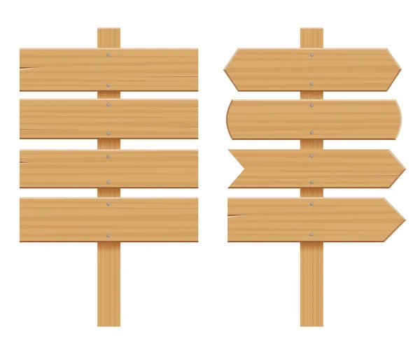 Uppsättning av en trä skyltar. Tom tecknad Banner. Pil, plankan med sprickor. Trä materiella element. Flat vektorillustration för utrymme för Text. — Stock vektor