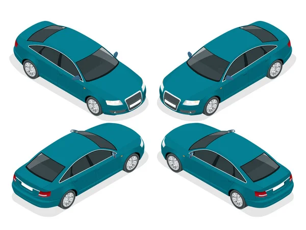 Flat 3d isometric high quality city sedan car icons set. Set of urban public transport. For infographics. — Stock Vector