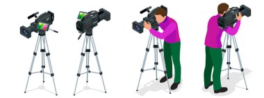 Profesyonel dijital video kamera ve kameraman. 3D izometrik çizimde infographics ve tasarım için düz. Video kameralar ve donanımları.