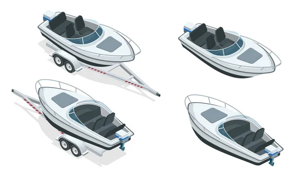 Boot oder Kutter auf einem Anhänger. der Stapellauf eines kleinen Motorbootes an einer Rampe. flache 3d isometrische Wasserförderung von hoher Qualität — Stockvektor