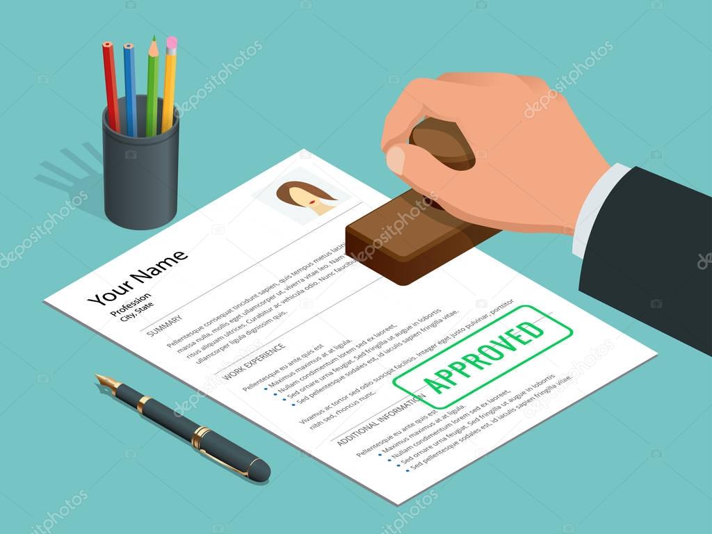 Approved stamp in hand businessman and Approved document with stamp, pen. Isometric Vector illustration.