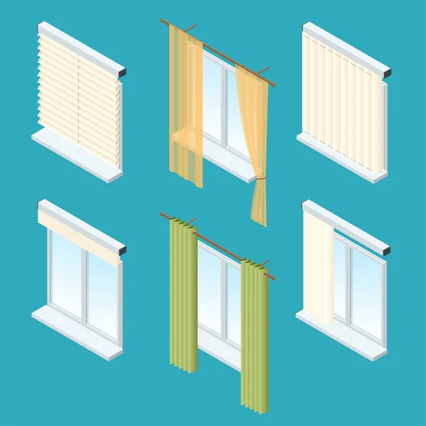 Ventanas isométricas, cortinas, cortinas, cortinas, persianas. Colección vectorial de varios tratamientos de ventanas — Archivo Imágenes Vectoriales
