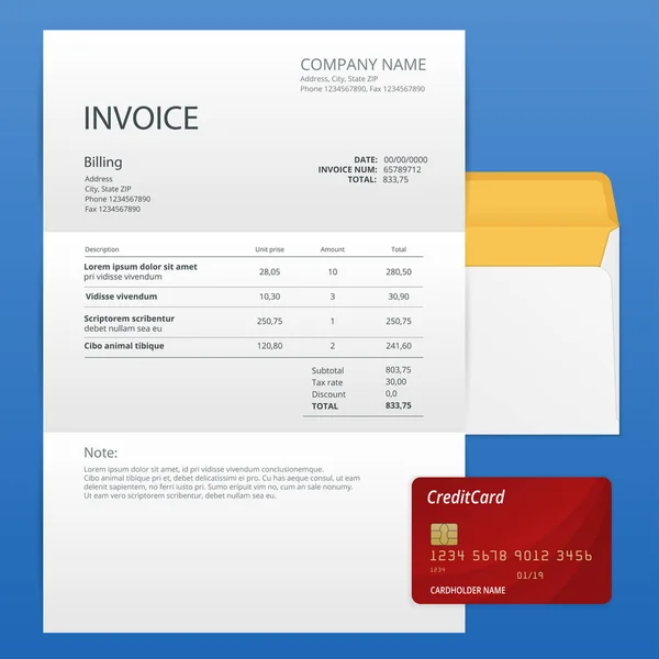 Single Invoice dan kartu kredit. Tagihan pembayaran dan tagihan, tanda operasi bisnis atau keuangan. faktur ikon vektor bagi layanan yang diberikan - Stok Vektor