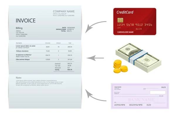 等尺性単一の請求書、銀行チェック、現金とクレジット カードは。お支払いと請求書、ビジネスや金融の業務に署名します。サービスのレンダリングのためのベクトル概念. — ストックベクタ