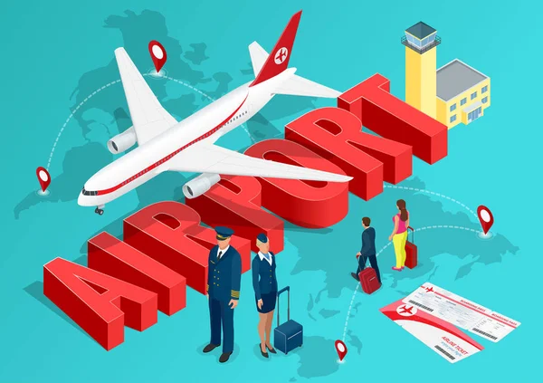 Ισομετρική Αεροδρόμιο έννοια του ταξιδιού. Το επιβατικό αεροπλάνο στο φόντο του χάρτη του κόσμου και το κείμενο του αεροδρομίου με ένα πιλοτικό, αεροσυνοδός και ανθρώπους που περπατούν με βαλίτσες. Διάνυσμα — Διανυσματικό Αρχείο