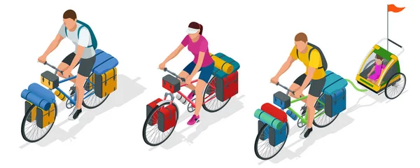 Isometric bikers on bicycle with travelling bag for travel. — Stock Vector