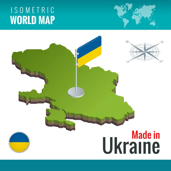 Mapa isométrico y bandera de Ucrania. Estado soberano de Europa del Este — Archivo Imágenes Vectoriales