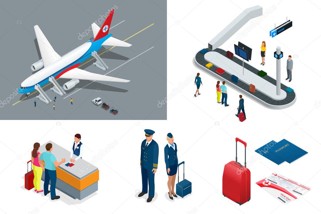 Isometric Airport Travel and transport Icons. Isolated people, airport terminal, airplane, traveler man and woman, airport runway, plane, runway, airport security.