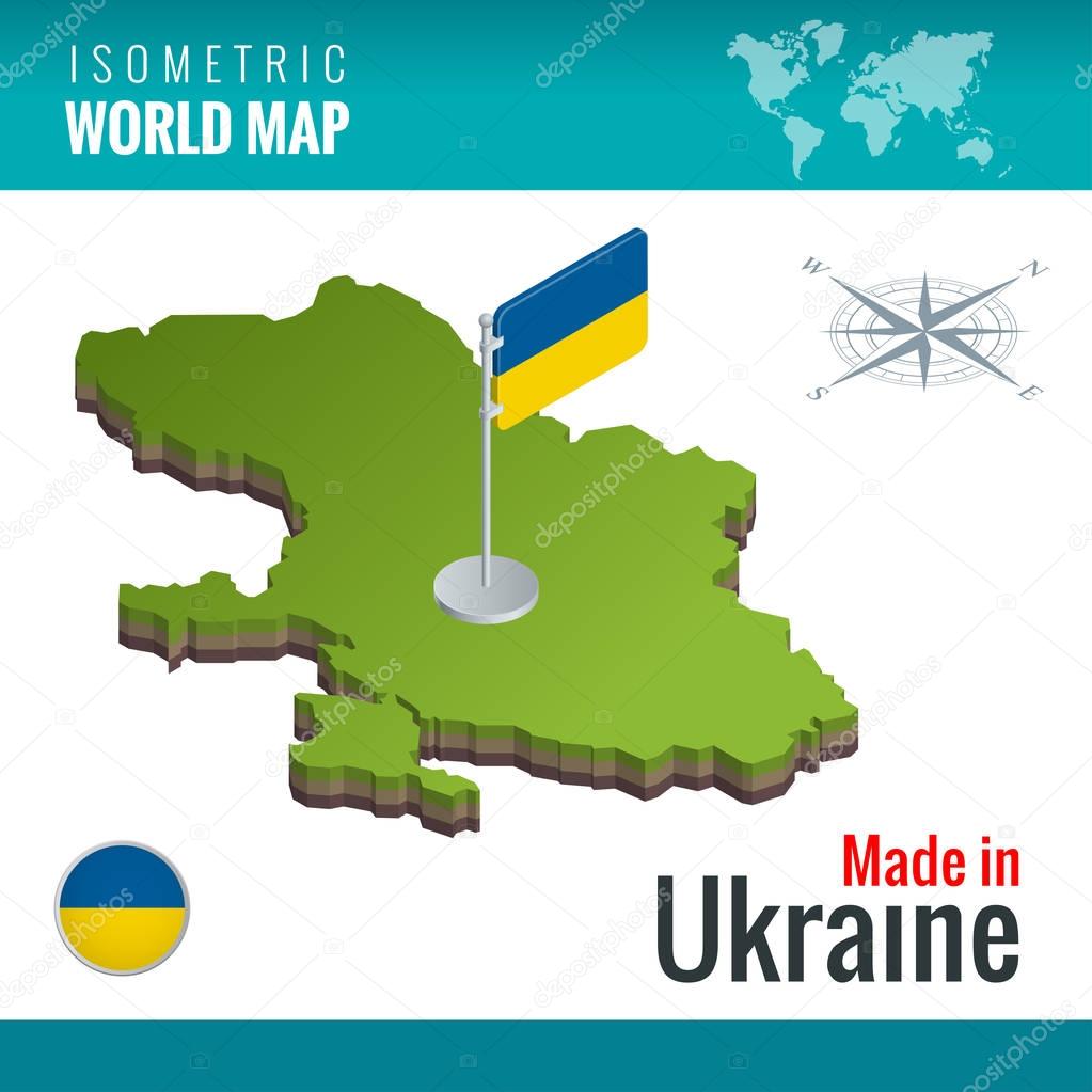 Isometric map and flag of the Ukraine. Sovereign state in Eastern Europe