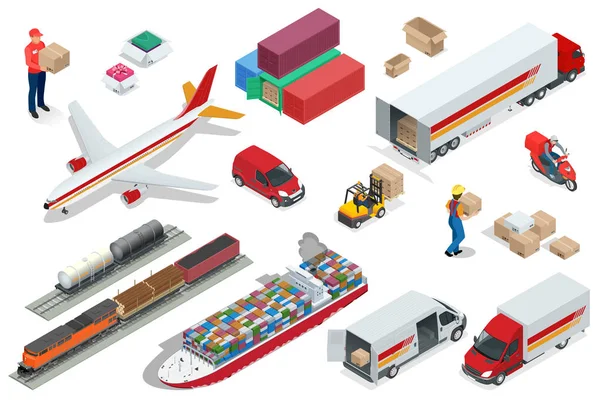 Izometrické ikony logistiky sada různých doprava dodávková vozidla, dodávky prvků. Letecké nákladní kamionová doprava, železniční doprava, námořní doprava, vozidla určená pro dopravu velkých čísel — Stockový vektor