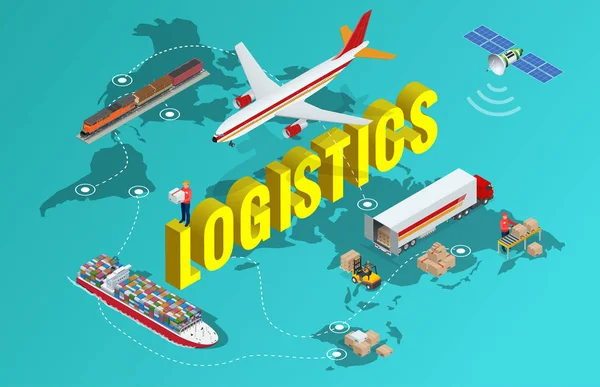 Δίκτυο Global logistics επίπεδη απεικόνιση 3d ισομετρική διάνυσμα σύνολο εναέριο φορτίο φορτηγό σιδηροδρομικές μεταφορές θαλάσσιων αποστολής On-time παράδοση οχήματα σχεδιασμένα για να μεταφέρουν μεγάλους αριθμούς Κίνα φορτίου — Διανυσματικό Αρχείο