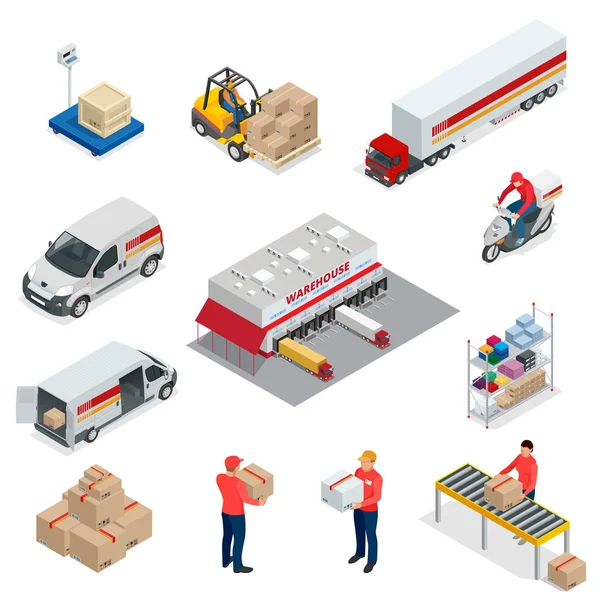 Ícones de logística isométrica conjunto de diferentes veículos de distribuição de transporte, elementos de entrega. Veículos concebidos para transportar grandes números — Vetor de Stock