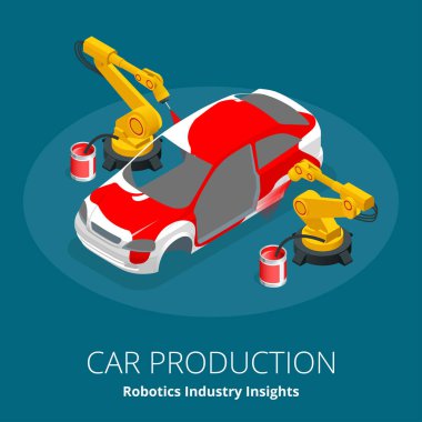 Otomobil üreticisi veya araba üretim kavramı. Robotik sektörel bakış açısı. Otomotiv ve elektronik üst sanayi kesimi Robotik kullanmak için değil. Düz 3d izometrik çizim vektör