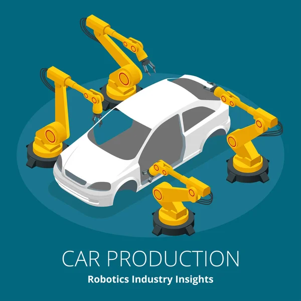 Automobilhersteller oder Automobilproduktionskonzept. Einblicke in die Robotikbranche. Automotive und Elektronik sind die führenden Industriesektoren für den Einsatz in der Robotik. flache isometrische Darstellung des 3D-Vektors — Stockvektor