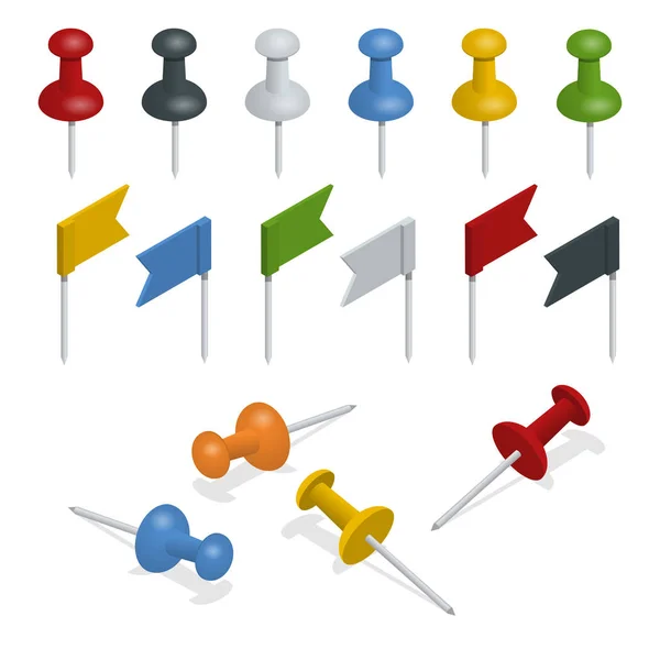 Isometrisches Set von Stecknadeln und Flaggen in verschiedenen Farben auf weißem Hintergrund. Daumenschrauben — Stockvektor