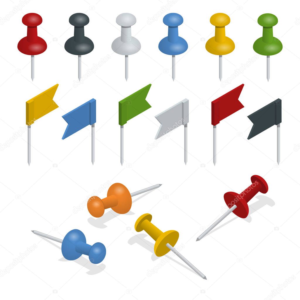 Isometric Set of push pins and flags in different colors on the white background. Thumbtacks