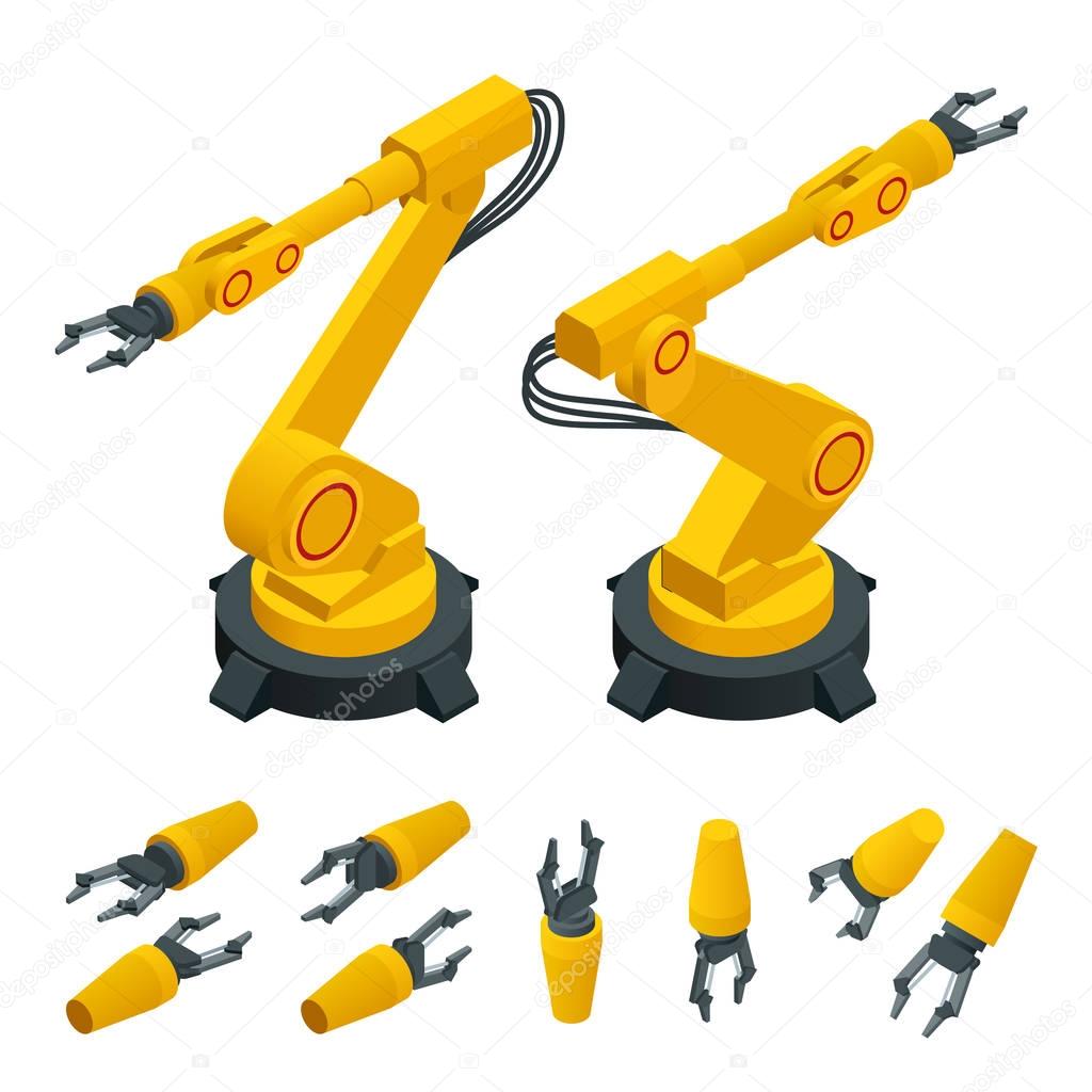 Isometric robotic arm, hand, industrial robot flat vector icons set. Robotics Industry Insights. Automotive and electronics are top industry sectors for robotics use. Flat 3d vector illustration