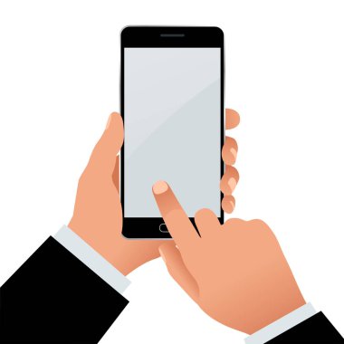 Erkek eli boş ekran ile bir telefon tutarak. Beyaz arka plan üzerinde düz izole illüstrasyon