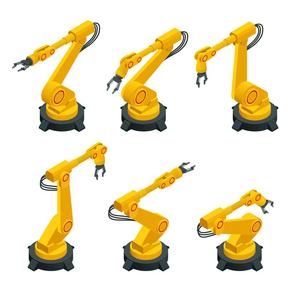 Isometric robotic arm, hand, industrial robot flat vector icons set. Robotics Industry Insights. Automotive and electronics are top industry sectors for robotics use. Flat 3d vector illustration — Stock Vector