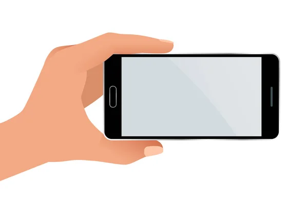 Mannelijke hand met een telefoon met leeg scherm. Vlakke geïsoleerde illustratie op witte achtergrond — Stockvector