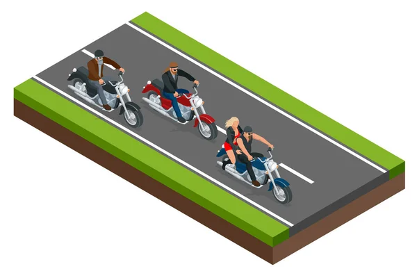 骑着摩托车在道路上骑自行车的等距人。自由和旅行的概念. — 图库矢量图片