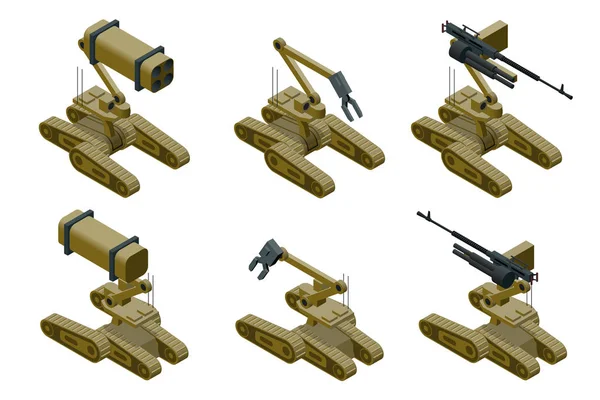 Serie di robot militari di colore kaki su sfondo bianco. Illustrazione isometrica vettoriale isolata — Vettoriale Stock