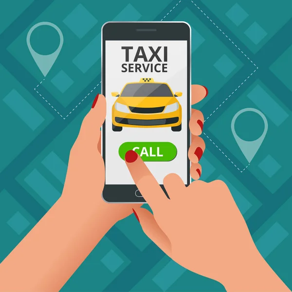 Concepto de servicio de taxi en línea. La mujer pide un taxi desde su celular. Aplicación de servicio de taxi en pantalla. plantilla de tarjeta de visita vectorial . — Vector de stock