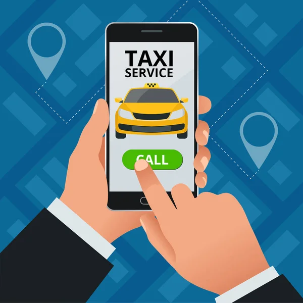 Online Taxi-dienstverleningsconcept. Man bestellingen een taxi vanaf zijn mobiele telefoon. Taxi service-applicatie op het scherm. Sjabloon voor Vector visitekaartjes. — Stockvector