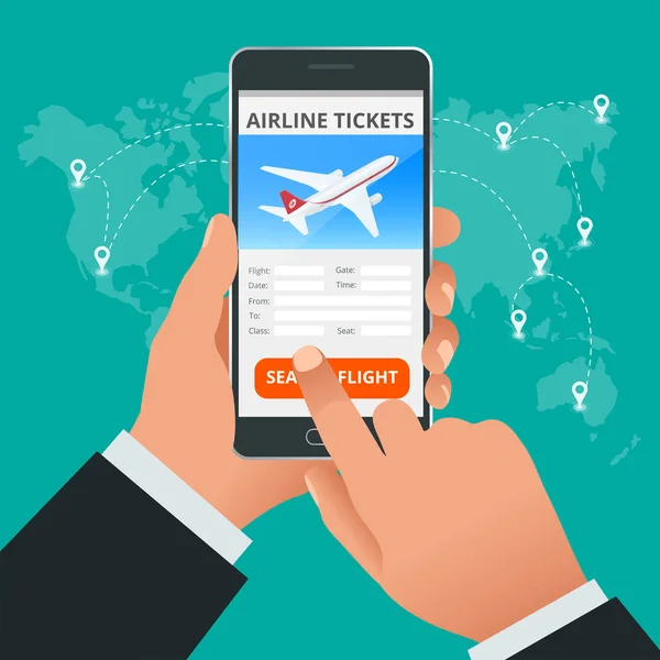 Подорожі та туристичний досвід. Купівля або бронювання авіаквитків онлайн. Подорожі, бізнес-рейси по всьому світу. Плоска 3d векторна ілюстрація . — стоковий вектор