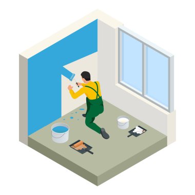 İzometrik Paintroller resim beyaz duvar silindir mavi boya ile. 3D modern vektör çizim düz. Paintroller, insanlar meslekler, meslek.