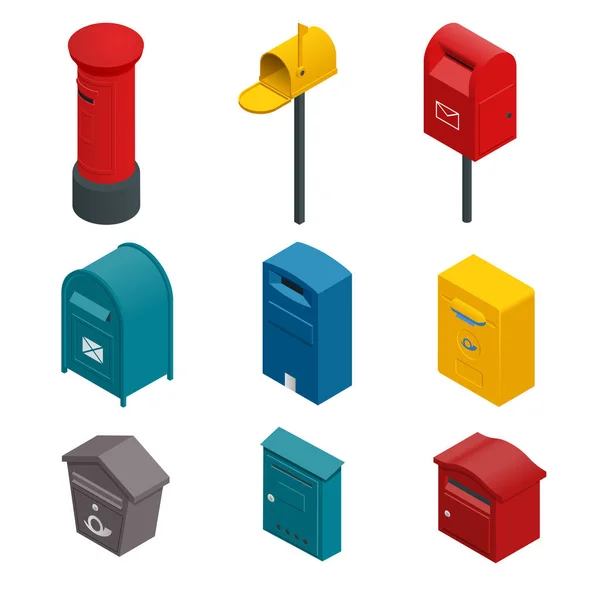 Bir posta kutusu veya yazılı postbox, toplama kutusu, posta kutusu, mektup kutusu veya açılan kutu izometrik kümesi. Düz vektör renkli koleksiyonu isoleted beyaz. — Stok Vektör
