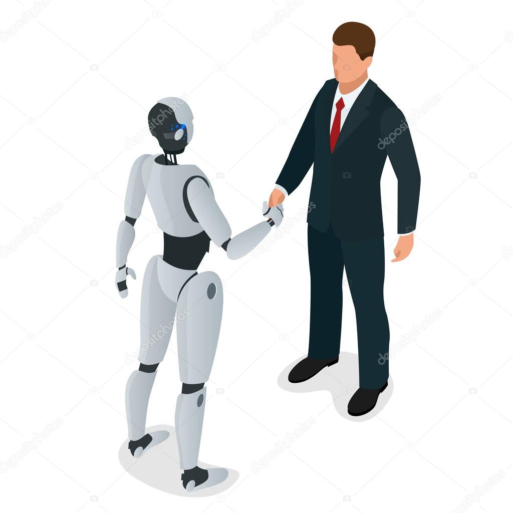 Men and robot greet or confirm a deal, handshake. Flat 3d isometric vector illustration. For infographics and design