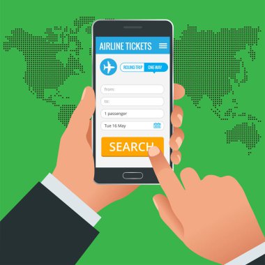 Uçak bileti rezervasyon online app telefon genel kavram. Online bilet rezervasyonu ve miktar her bir yerde ödeme dünya. Vektör çizim