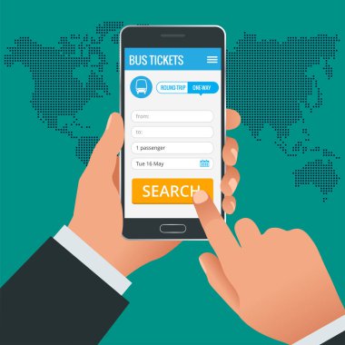 Otobüs bilet rezervasyon online app telefon genel kavram. Online bilet rezervasyonu ve miktar her bir yerde ödeme dünya. Vektör çizim