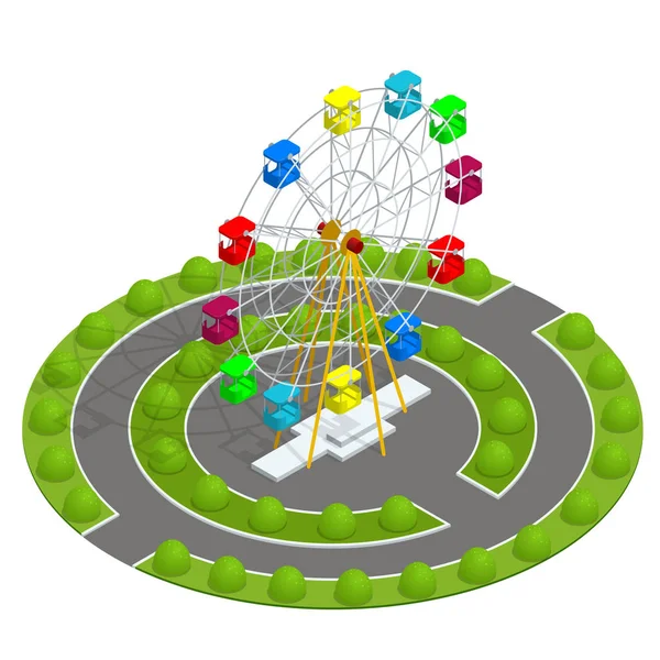 Parque de diversões isométrico com roda gigante. Conceito de férias em família. Ilustração vetorial plana —  Vetores de Stock