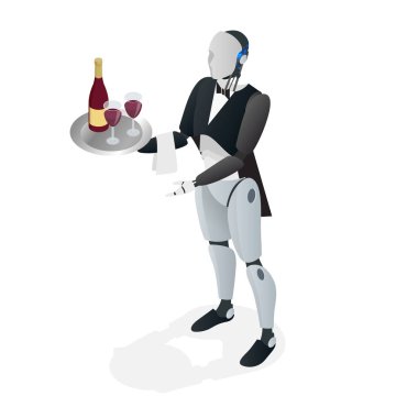 Robot garson smokin ve eldiven tutarak bir şarap ve kadehler tepsi ve peçete. Restaurant konseptini. Düz izometrik vektör çizim