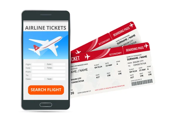 Billetes de avión reserva de teléfono aplicación en línea y dos tarjetas de embarque. Concepto de viaje, viaje o negocio. Aislado en la ilustración del vector blanco — Archivo Imágenes Vectoriales