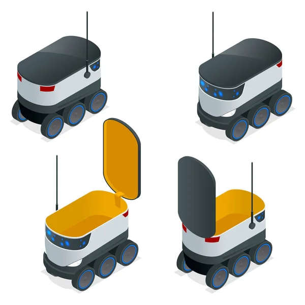 Isometrische Robots leveren Takeout Orders. Het kan maximaal 10 kilogram of drie boodschappentassen en heeft een bereik van 10 mijl. Platte vectorillustratie — Stockvector
