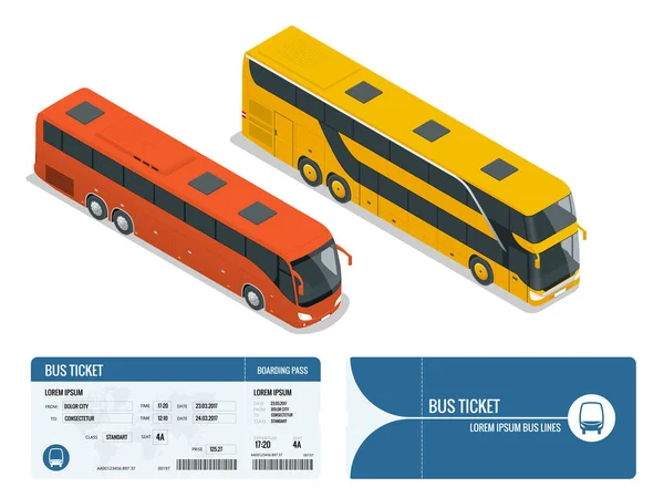 Isometric realistic bus and boarding pass ticket template design isolated on white background. Travel around the world and countries. Recreation and entertainment. Business trip. Vector illustration — Stock Vector